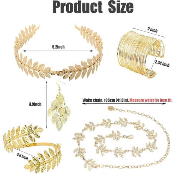 Greek Goddess Costume Accessories Set with Gold Leaf Crown Waist Chain Jewelry - Picture 5 of 6